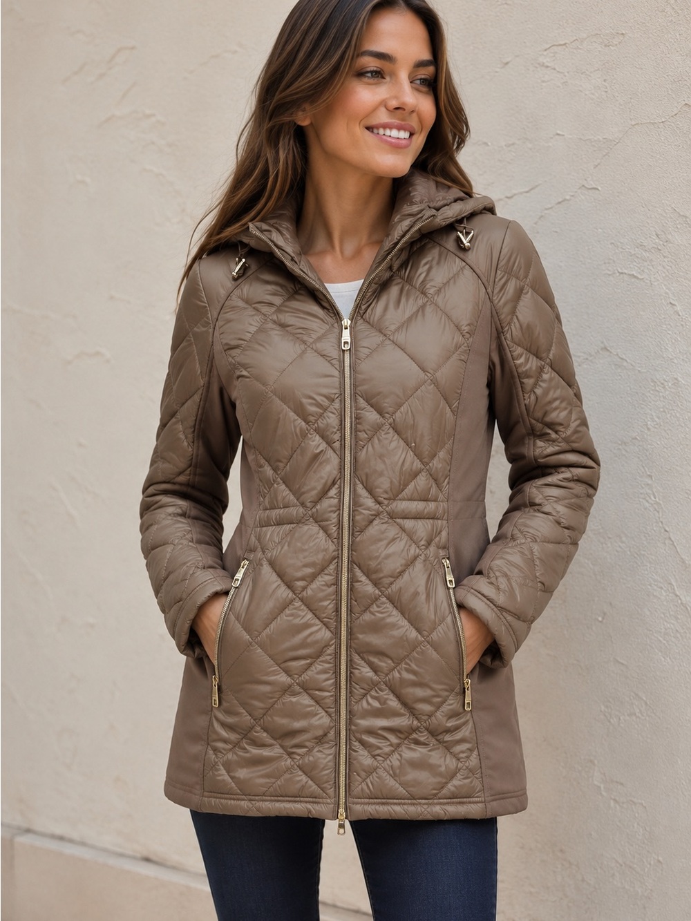 Steve Madden Quilted Hooded Puffer Jacket in Taupe Beige with gold accents